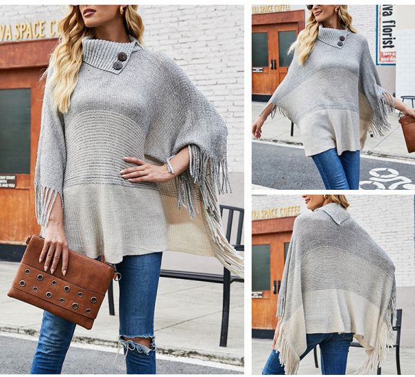 Autumn Winter Fringed Cloak Shawl Tassel Half Open Collar Color Blocking Sweater coat for Women