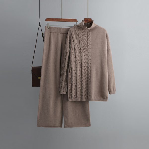 Trending Fashion Winter Autumn Casual Pullover Loungewear Elegant cable sweaters wide leg two piece pants set