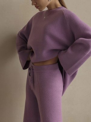 Clothing elegant pullover loungewear women fashion high quality solid color knitted wide leg pants 2 piece set