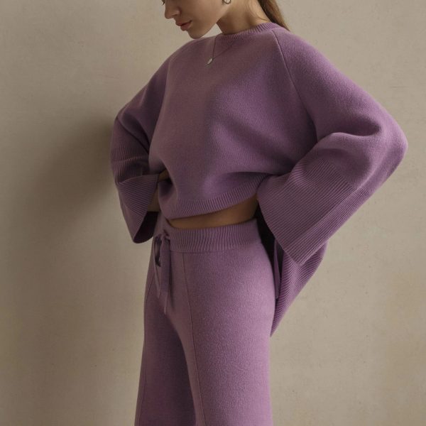 Clothing elegant pullover loungewear women fashion high quality solid color knitted wide leg pants 2 piece set
