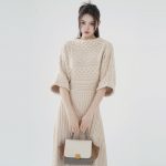High-end design knitwear solid color women slim waist summer half-sleeve A-line long cable knitted dress