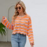 round neck striped sweaters women pullover oversize hollow out wave edge beach wear jumper mujer