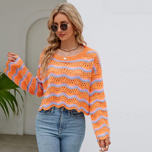 round neck striped sweaters women pullover oversize hollow out wave edge beach wear jumper mujer