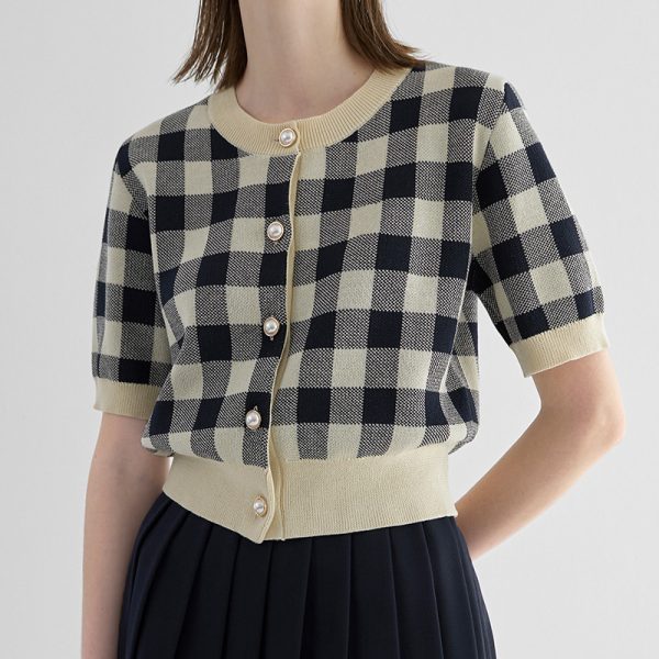 Trending Summer British style short sleeve cardigans women's thin round neck checkerboard knitted top