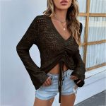 slim fit v neck sexy knit cropped tank top long sleeve hollow out knitwear women casual pullover ruffles vest