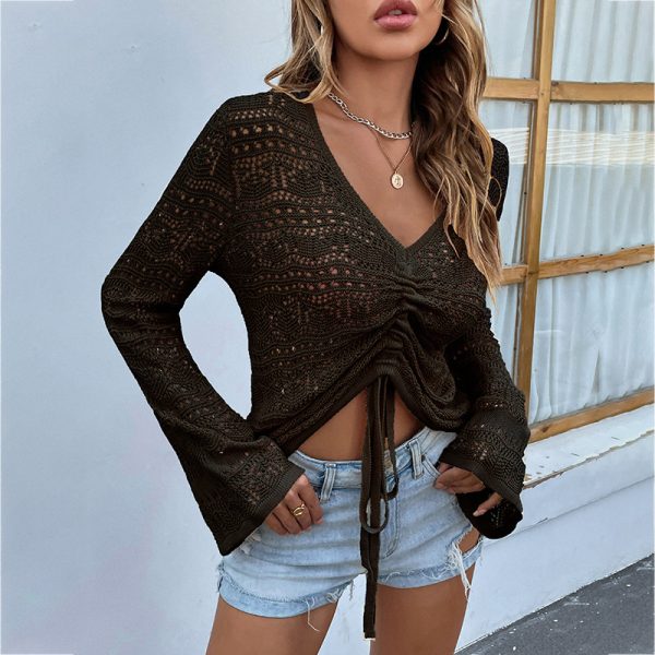slim fit v neck sexy knit cropped tank top long sleeve hollow out knitwear women casual pullover ruffles vest