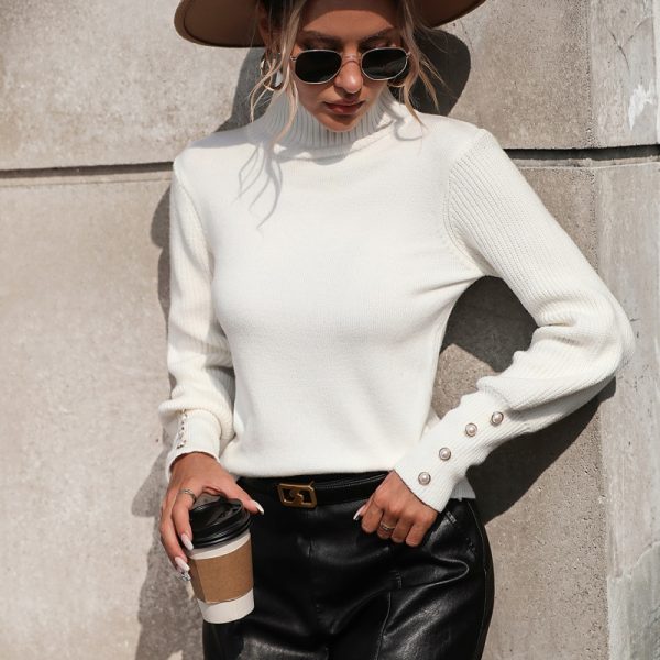 New arrivals half turtleneck knitwear solid color women elegant slim fit knitted basic tops lantern sleeve sweaters