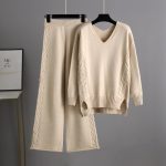 Trending Fashion V neck oversize cable sweaters wide leg pants elegant knitted loungewear women two piece pants set
