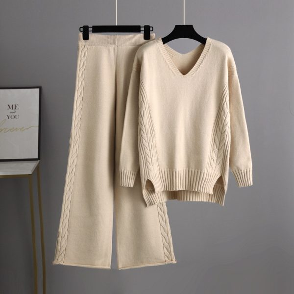 Trending Fashion V neck oversize cable sweaters wide leg pants elegant knitted loungewear women two piece pants set