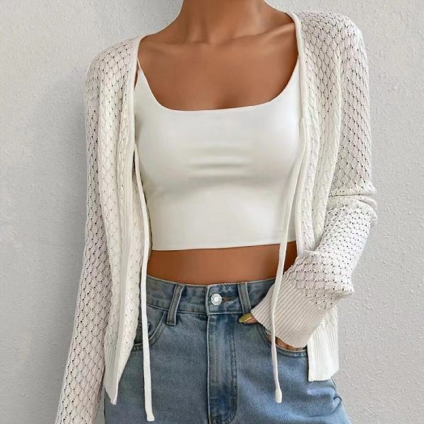 Trending fashion women casual High quality lace up knitwear hollow out long sleeve sweater cardigan coat
