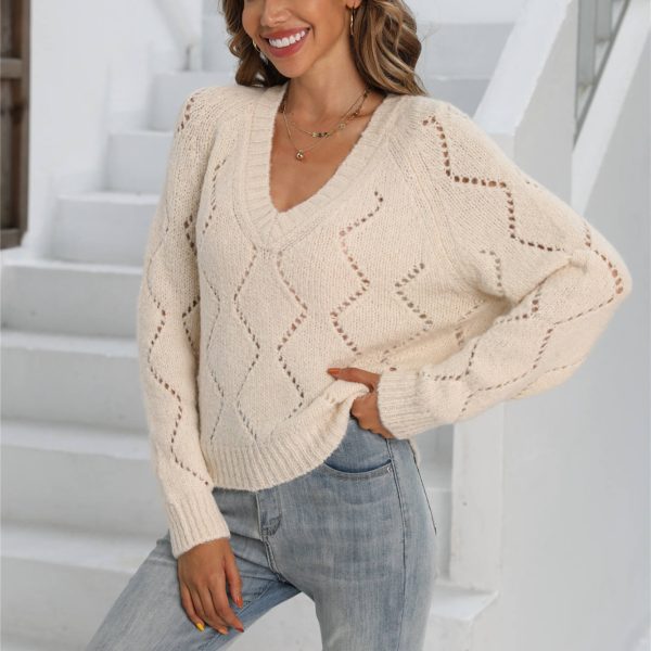 hot selling v neck pure color hollow out knitwear women pullover oversize short sweaters
