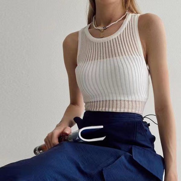 Spring Summer Sleeveless round neck thin slim fit Rib knitwear Casual striped hollow out breathable wool vest