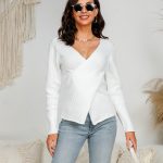 New style v neck slim fit sexy jumpers women solid color fashion long sleeve pullover elegant sweaters