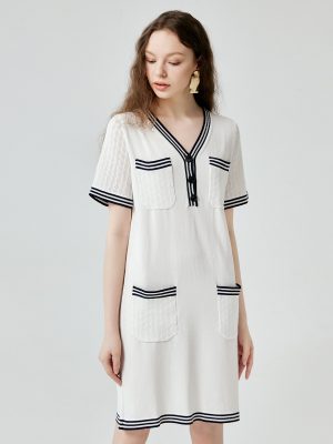 High quality elegant v neck knitwear temperament commuter pullover ladies striped midi knitted dress with pockets