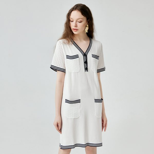 High quality elegant v neck knitwear temperament commuter pullover ladies striped midi knitted dress with pockets