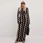 High quality Round neck wavy stripes knitwear color contrast flared sleeves wool slim fit elegant maxi knitted long dres