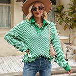 New style fashion turn down collar knitwear lantern sleeve jumper mujer pullover elegant striped sweaters women