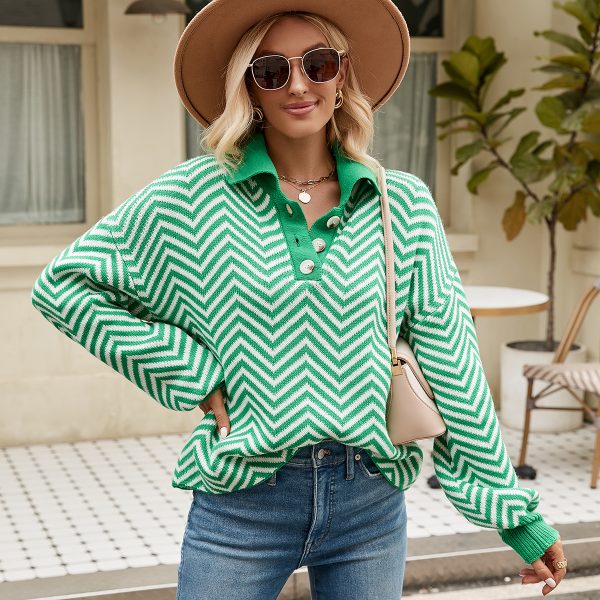 New style fashion turn down collar knitwear lantern sleeve jumper mujer pullover elegant striped sweaters women