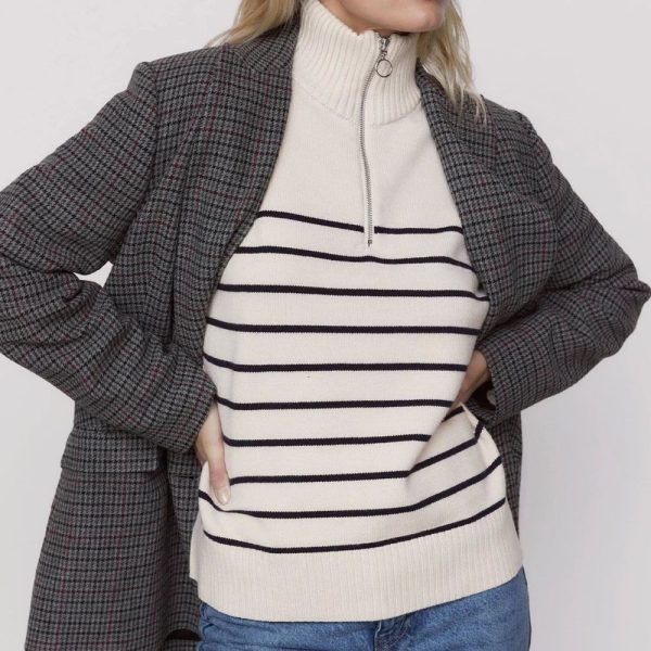 New arrivals autumn winter casual thicken knitwear Half zipper turtleneck loose striped knitted sweater for women