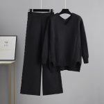 Trending Fashion V neck oversize cable sweaters wide leg pants elegant knitted loungewear women two piece pants set