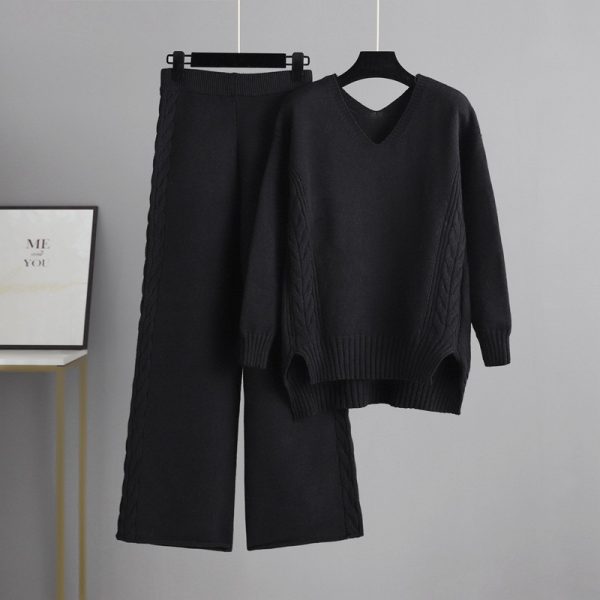 Trending Fashion V neck oversize cable sweaters wide leg pants elegant knitted loungewear women two piece pants set