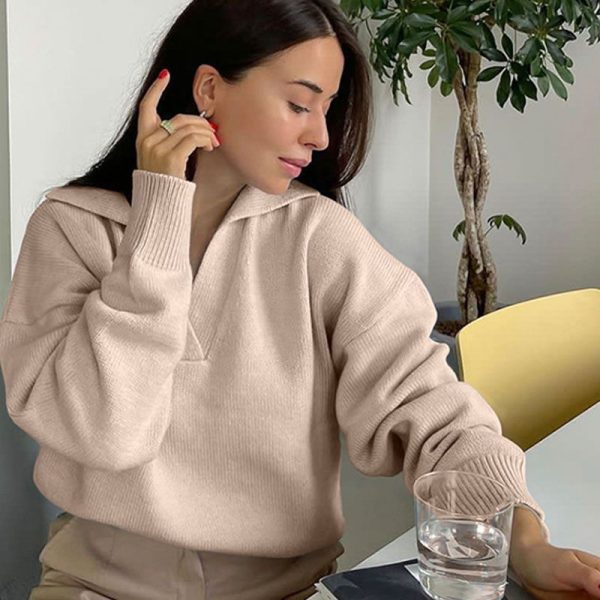 High quality turn down collar solid color pure color jumper mujer women casual pullover INS style sweater