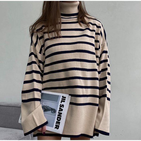 high neck striped loose knitwear women elegant side split contrast color sweaters for women