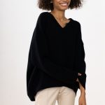 latest design women v neck solid color cozy knitwear irregular elegant loose long sleeve sweater