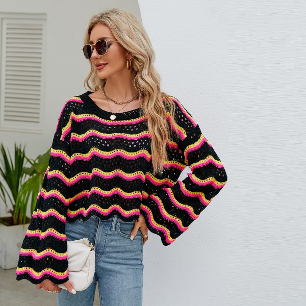 round neck striped sweaters women pullover oversize hollow out wave edge beach wear jumper mujer