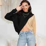High quality crew neck long sleeve color blocking jumpers holiday style pullover casual women sweaters