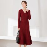 women fashion long sleeve knitwear slim fit elegant pullover v neck sweater knit midi dress