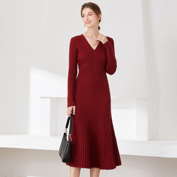 women fashion long sleeve knitwear slim fit elegant pullover v neck sweater knit midi dress