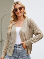 women hollow out sweater v neck Long Sleeve knitwear winter solid color knitted elegant cardigan
