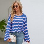 round neck striped sweaters women pullover oversize hollow out wave edge beach wear jumper mujer