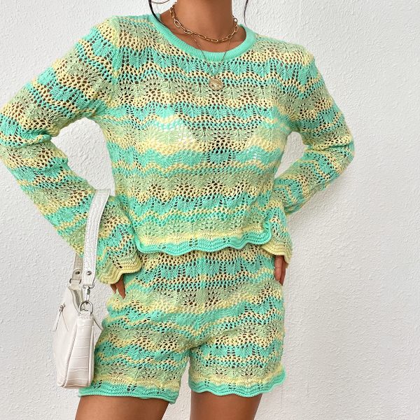 Spring Summer holiday outfits crocheted o-neck cropped sweaters high waist shorts casual 2 piece pants set for women