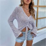 slim fit v neck sexy knit cropped tank top long sleeve hollow out knitwear women casual pullover ruffles vest