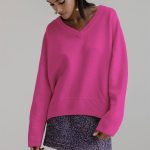 latest design women v neck solid color cozy knitwear irregular elegant loose long sleeve sweater