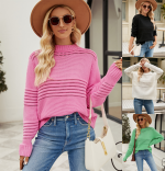 Hot selling round neck jumper casual pullover knitted basic top rib knitwear pure color hollow out women sweaters