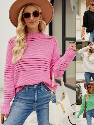 Hot selling round neck jumper casual pullover knitted basic top rib knitwear pure color hollow out women sweaters