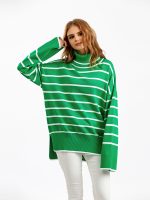 New style rolled neck knitwear oversize side split striped jumpers long sleeve women turtleneck sweaters