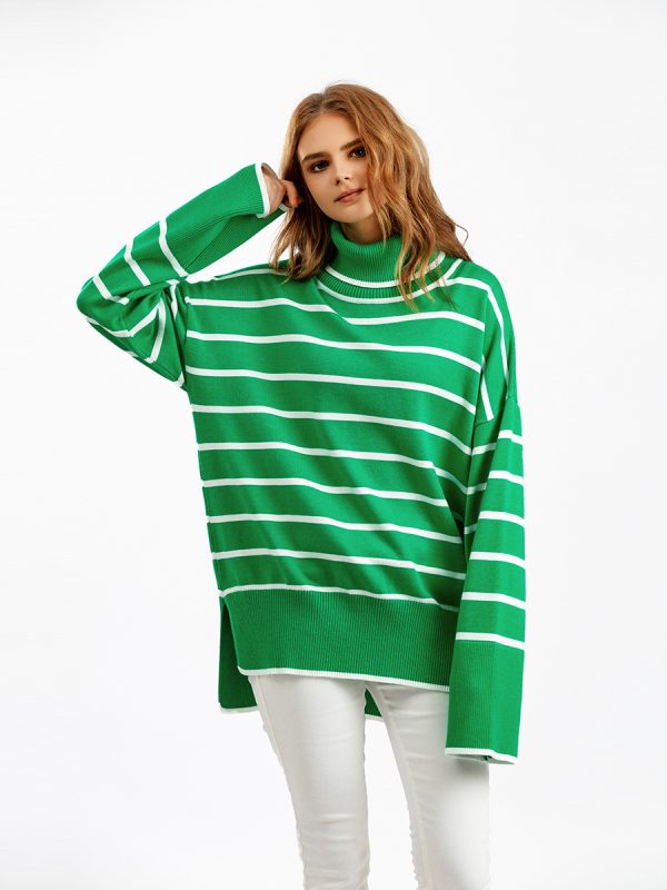 New style rolled neck knitwear oversize side split striped jumpers long sleeve women turtleneck sweaters