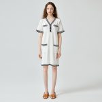 High quality elegant v neck knitwear temperament commuter pullover ladies striped midi knitted dress with pockets