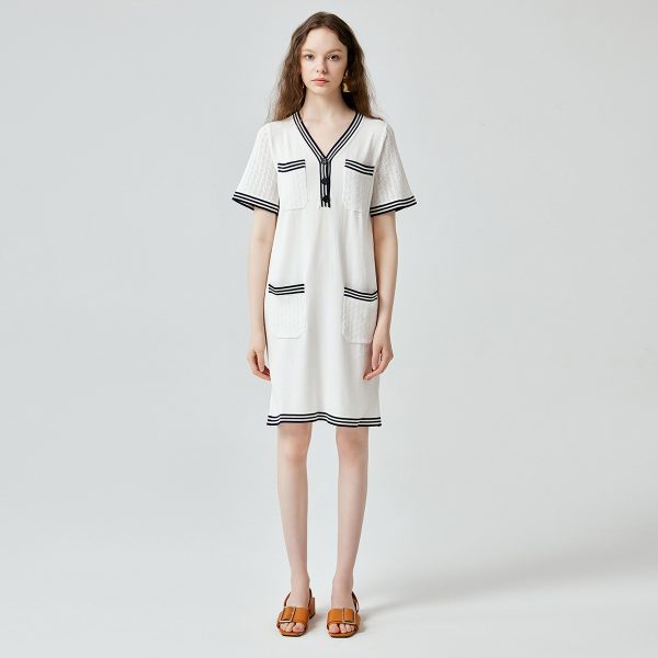 High quality elegant v neck knitwear temperament commuter pullover ladies striped midi knitted dress with pockets