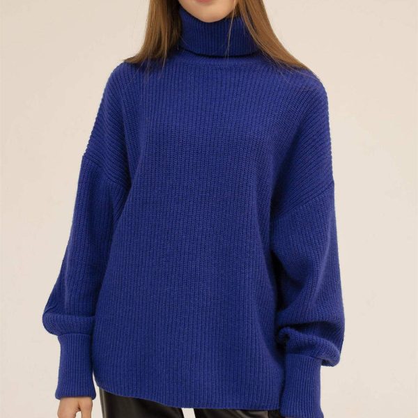 New design casual lantern sleeve knitwear turtleneck pure color women sweater pullover sweater