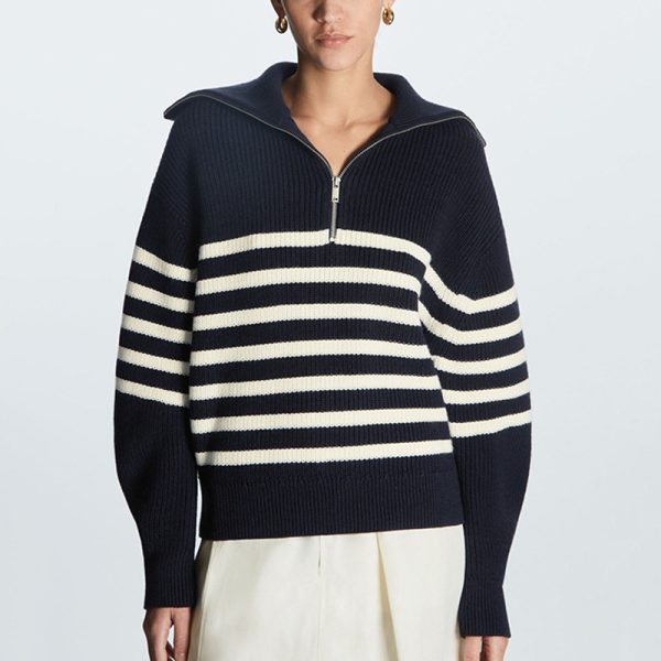 lapel collar knitwear women lantern sleeve striped casual oversize elegant knitted sweater tops