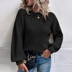 round neck solid color knitwear women lantern sleeve casual pullover sweaters