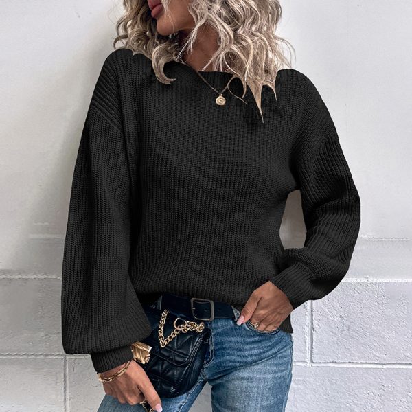 round neck solid color knitwear women lantern sleeve casual pullover sweaters