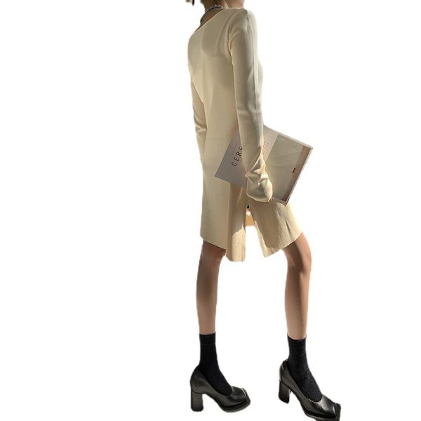 pure color asymmetrical neck pullover knitwear elegant Design sense niche knit dress women long sleeve base skirts
