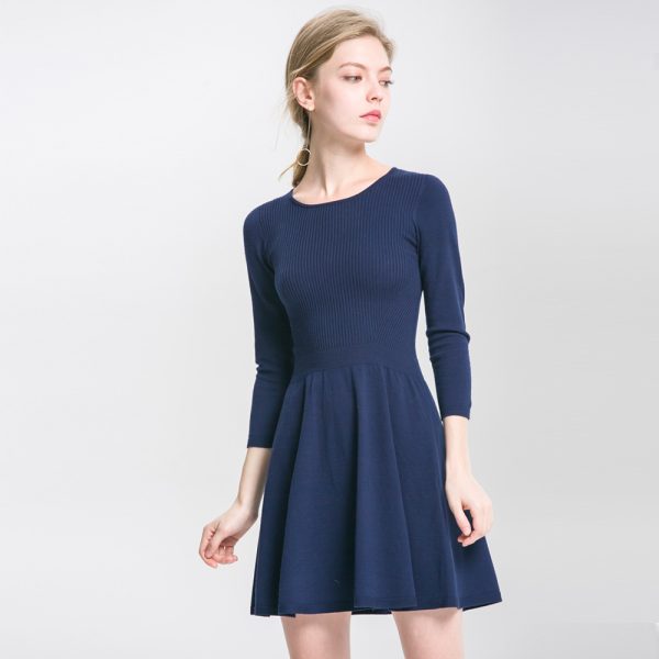 hot selling pure color round neck pullover knitwear elegant slim fit knitted short dress for women