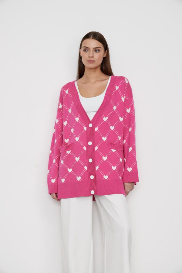 Fall winter V-neck single-breasted button knitwear oversize casual women Love heart jacquard cardigan sweater